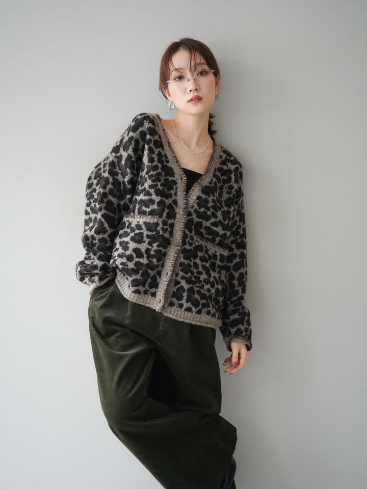 [予約]アニマル柄ステッチニットカーディガン/brown