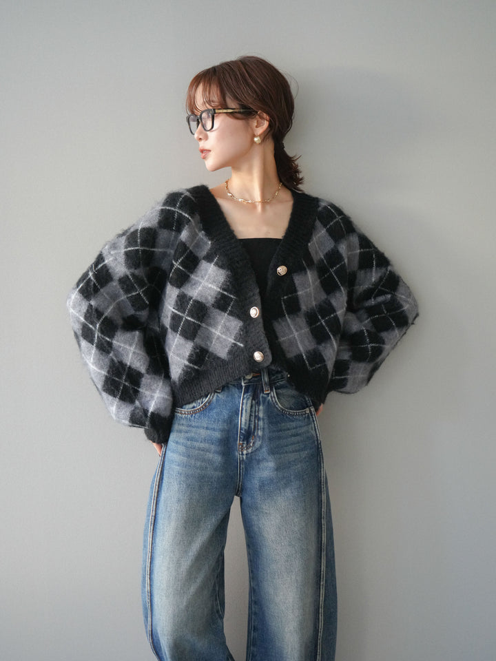 [予約]アーガイルシャギーニットカーディガン/gray