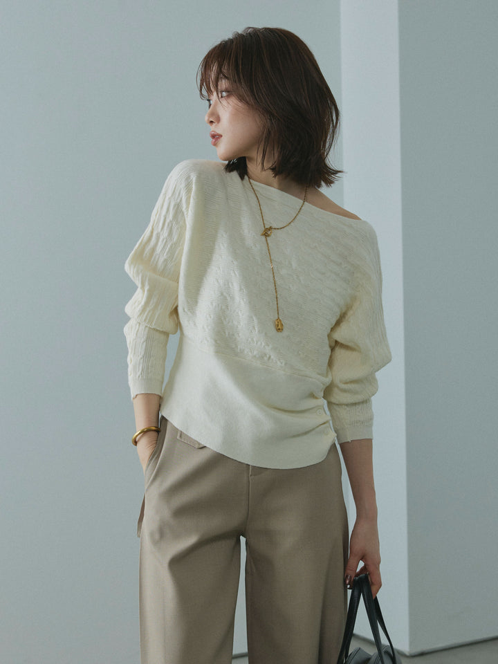 【Allure】[SET]ワンショルケーブル編みニット+サイドタックワイドパンツ(2set)