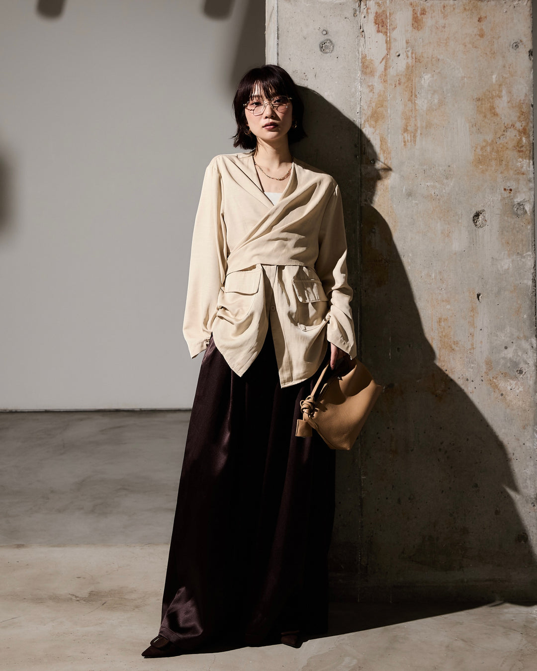 [予約]サテンワイドパンツ/brown