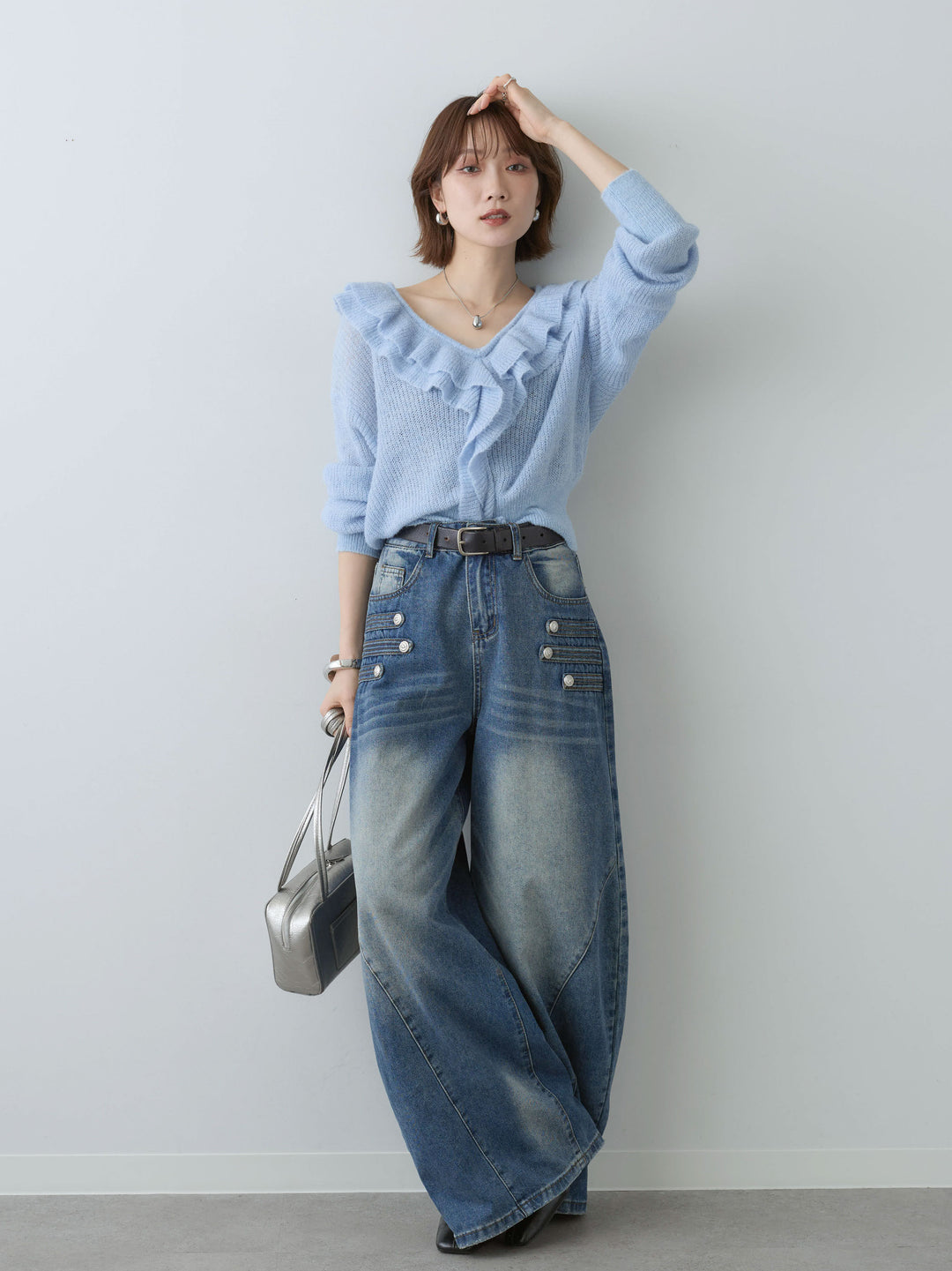 [SET]フリルネックモヘアニットトップス+ナポレオンカーブデニム(2set)