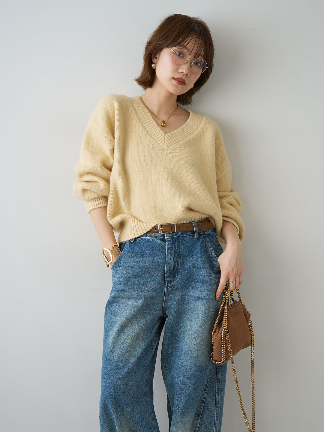 [SET]Vネックワイドショートニット+Vネックワイドショートニット(2set)