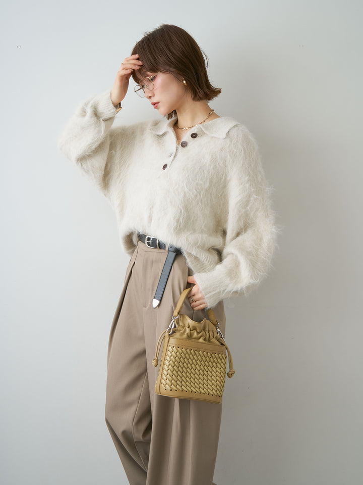 [SET]ヘンリーシャギーニットトップス+ツイルタックワイドパンツ(2set)