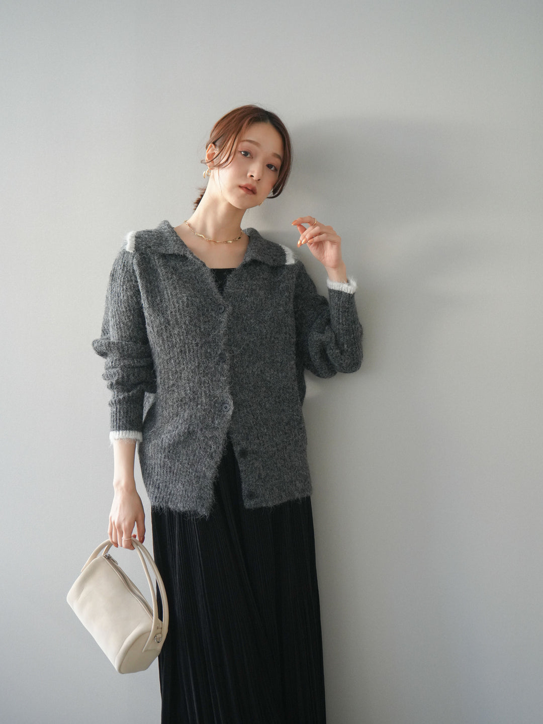 [予約]襟付きバイカラーミックスニットカーディガン/gray