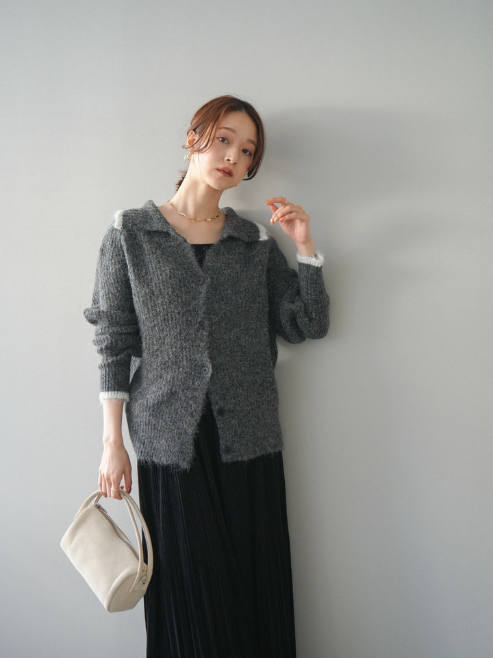 [予約]襟付きバイカラーミックスニットカーディガン/gray