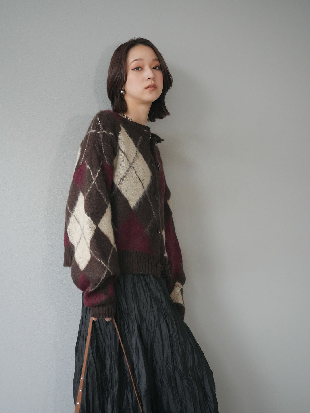 [予約]モヘアタッチアーガイルニットカーディガン/brown