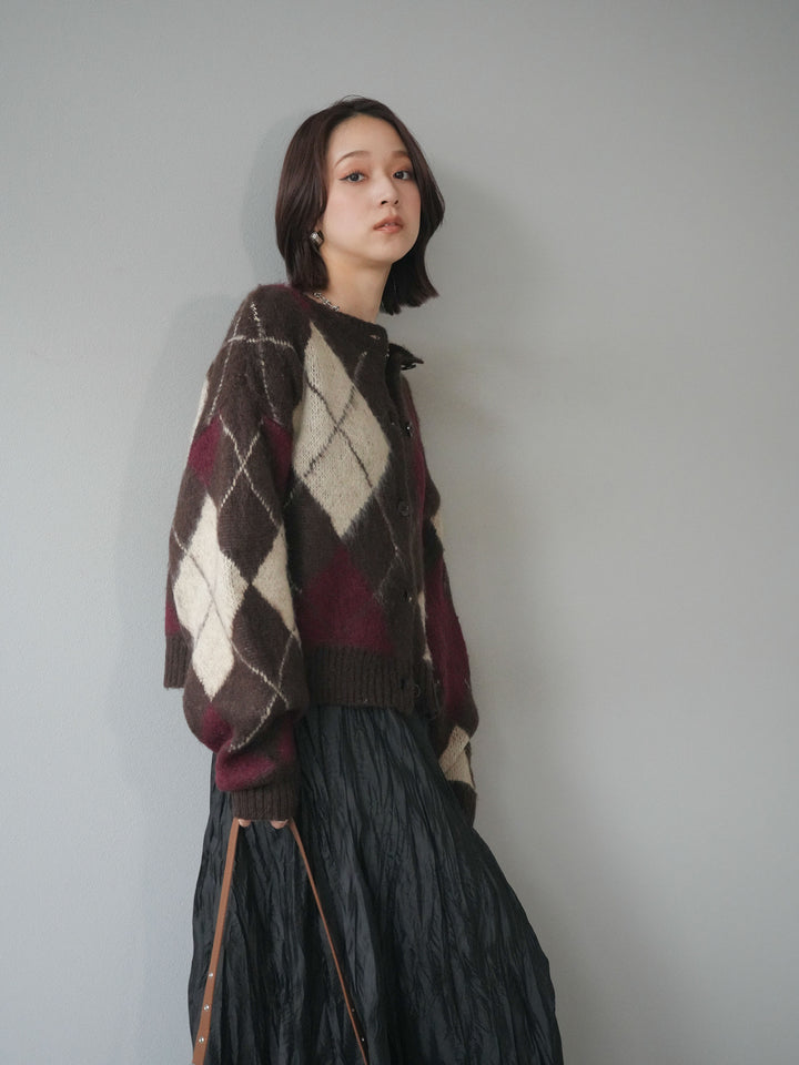 [予約]モヘアタッチアーガイルニットカーディガン/brown