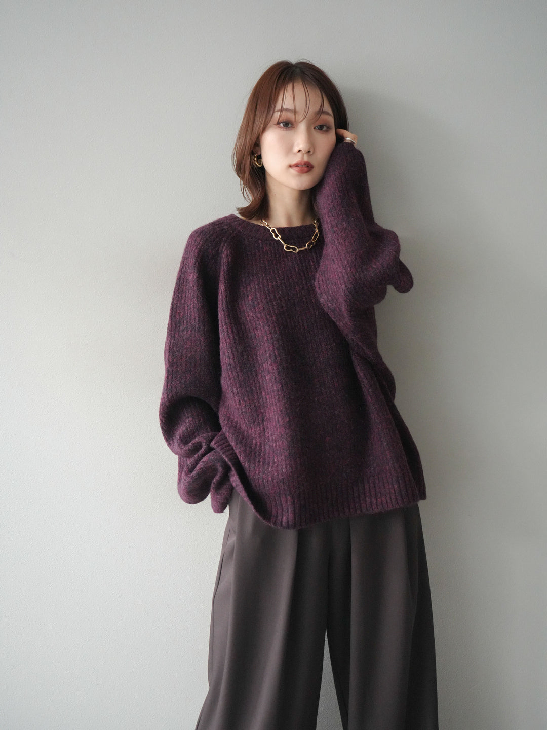 [予約]クルーネック畦編みミックスニット/bordeaux