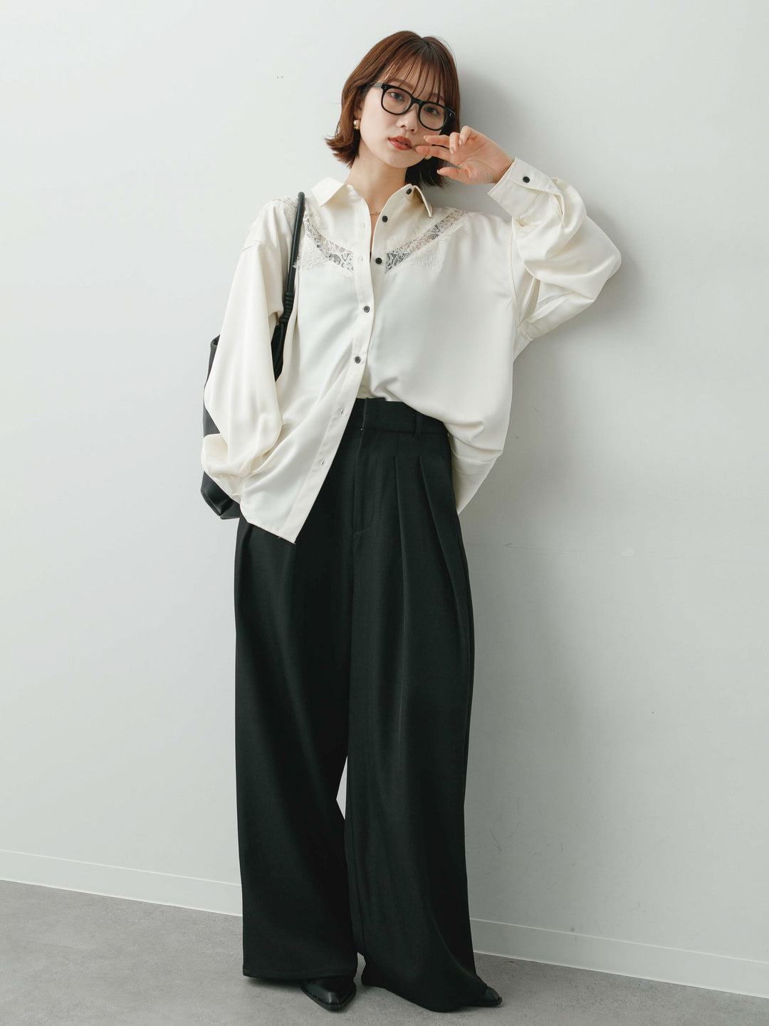 [SET]サテンレース切り替えシャツ+ツイルタックワイドパンツ(2set)