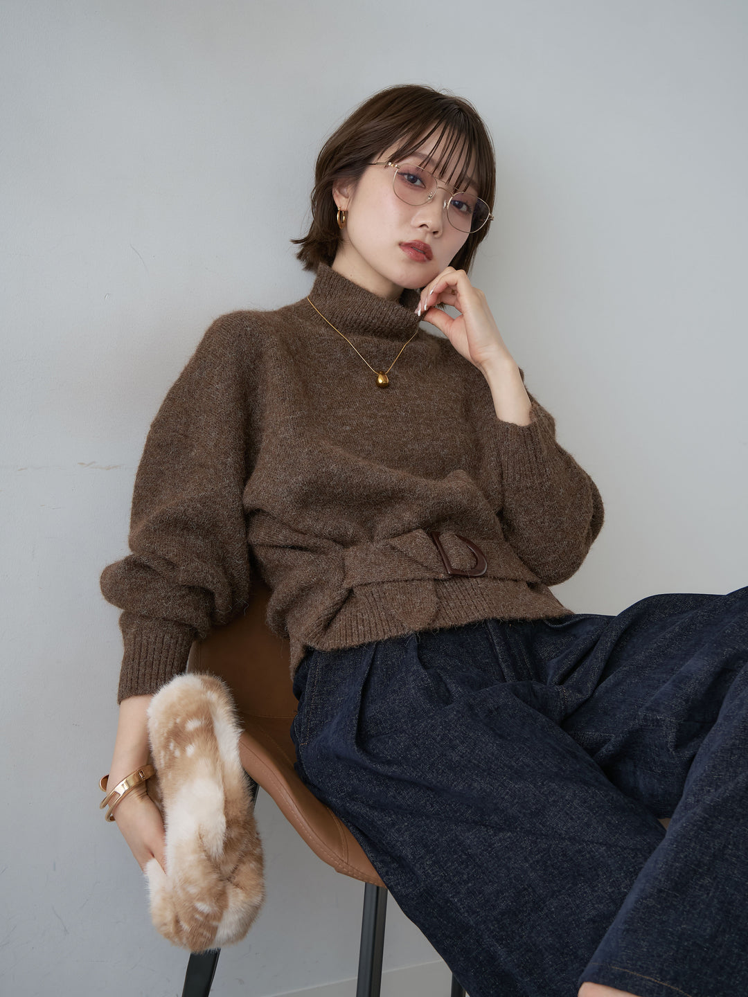 [予約]ウエストベルトハイネックニットトップス/brown
