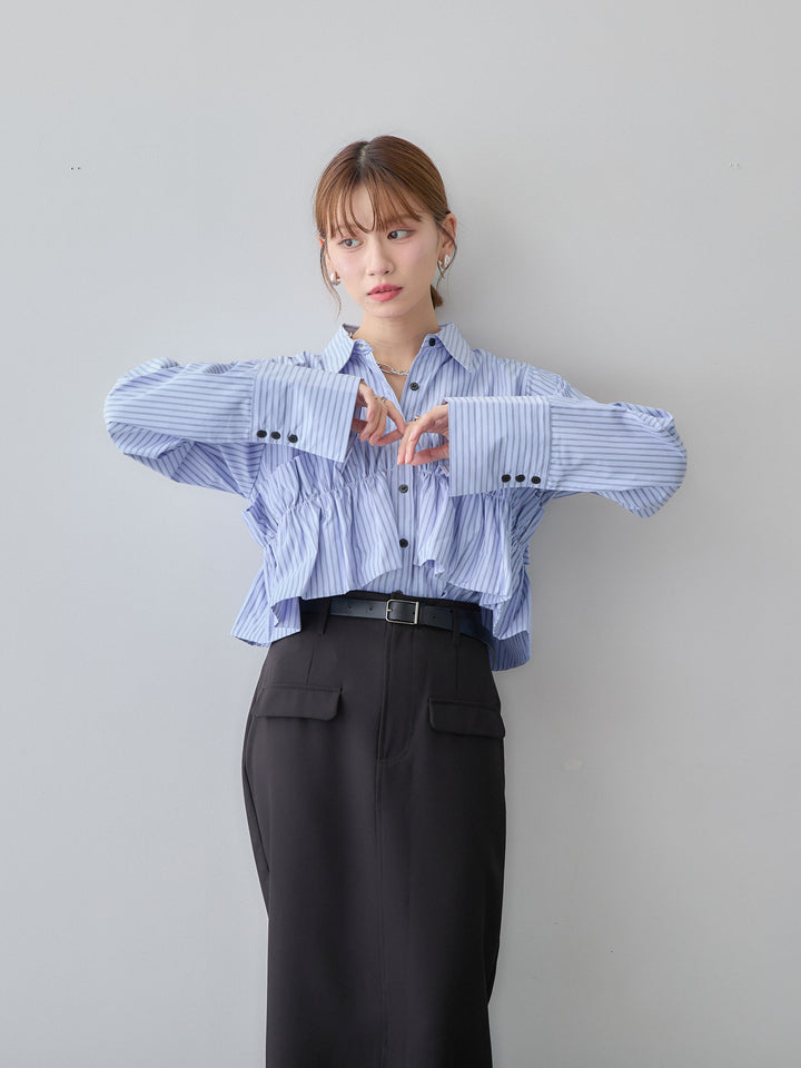 [SET]ストライプフリルシャツ+クレープデシンフラップ付きストレートスカート(2set)
