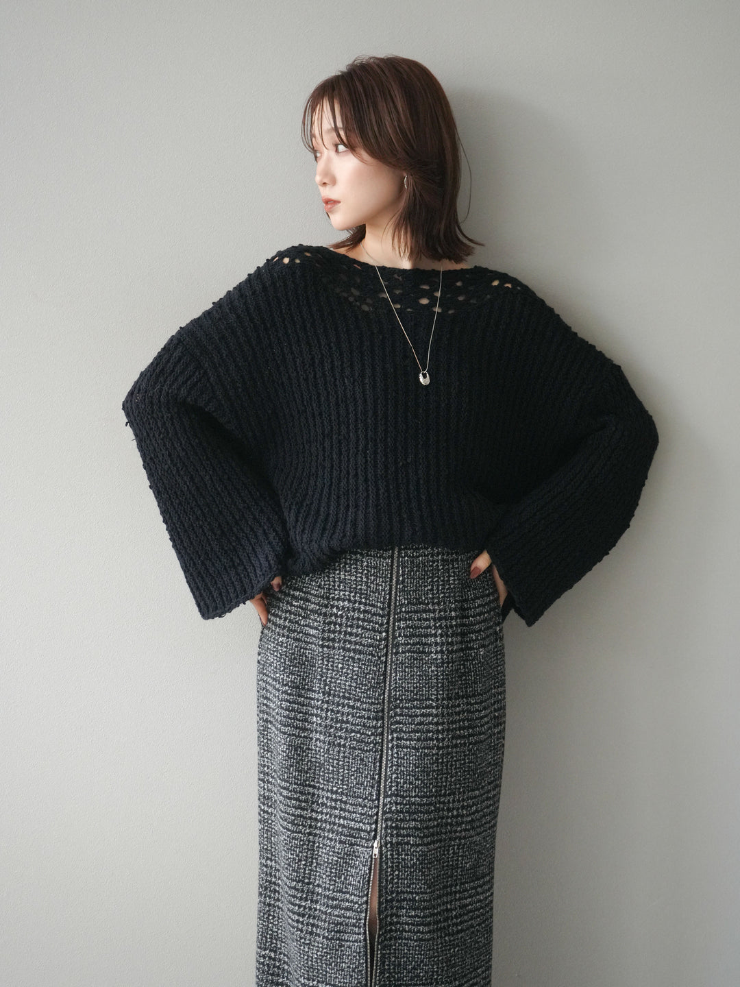 [予約]ボートネック透かし編みニットプルオーバー/navy