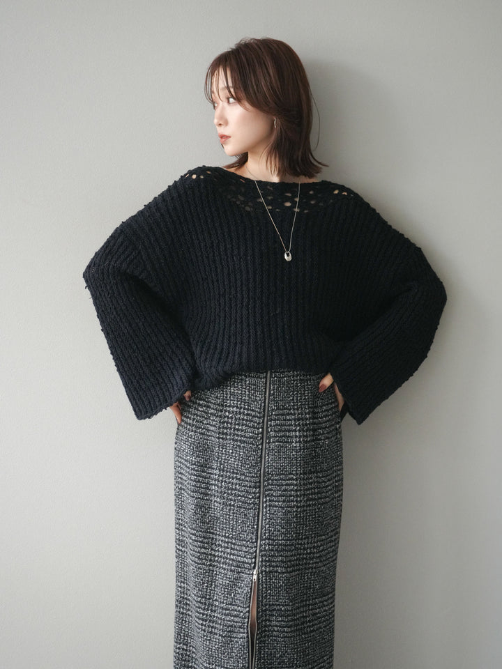 [予約]ボートネック透かし編みニットプルオーバー/navy