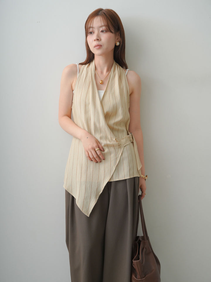 [SET]ストライプカシュクールジレ+クレープデシンタックワイドパンツ(2set)
