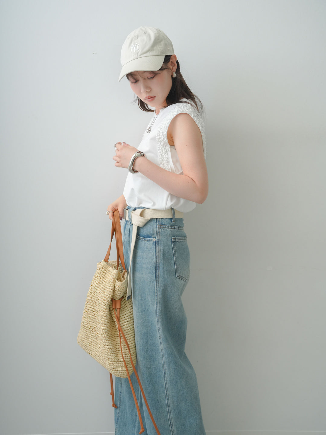 [SET]ホイップフリルフレンチTEE+センターラインワイドストレートデニム(2set)