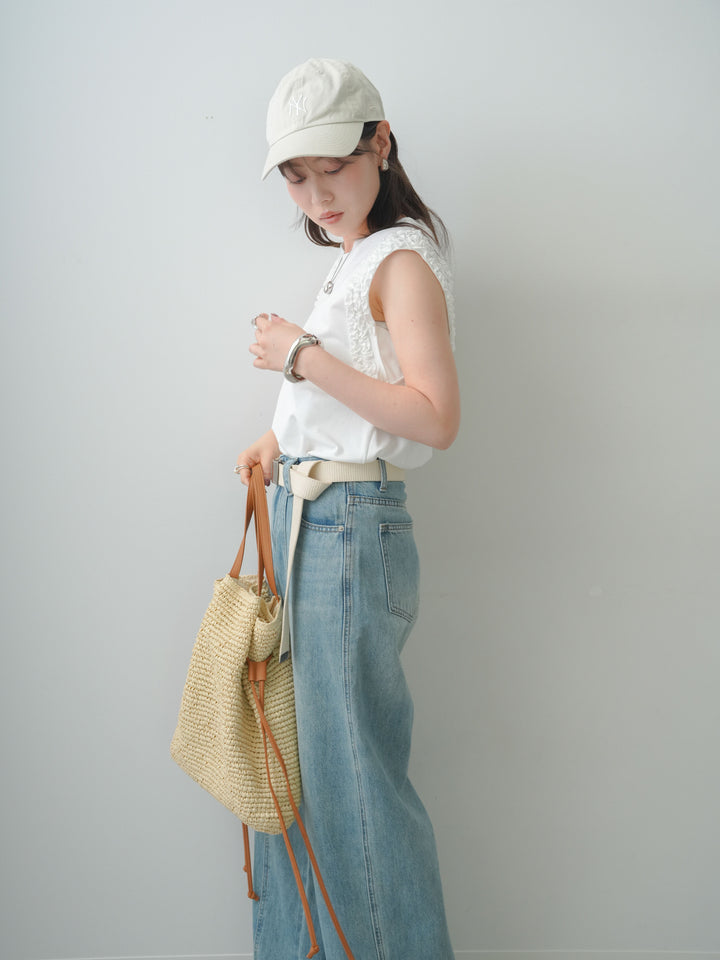 [SET]ホイップフリルフレンチTEE+センターラインワイドストレートデニム(2set)