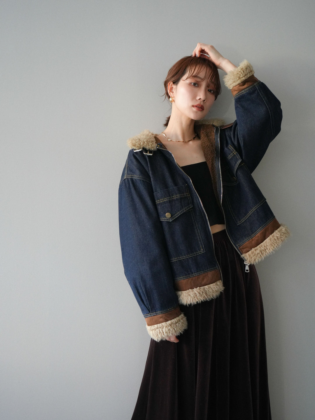 [予約]スタンドカラーファー×デニムジャケット/indigo