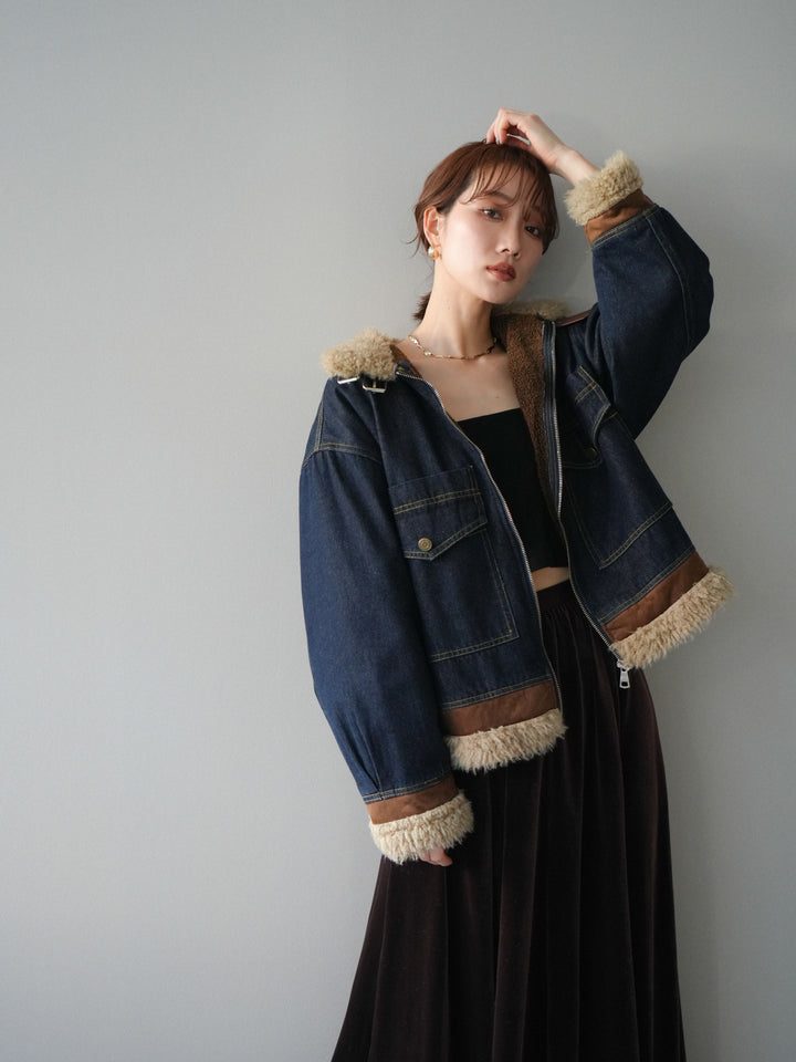 [予約]スタンドカラーファー×デニムジャケット/indigo