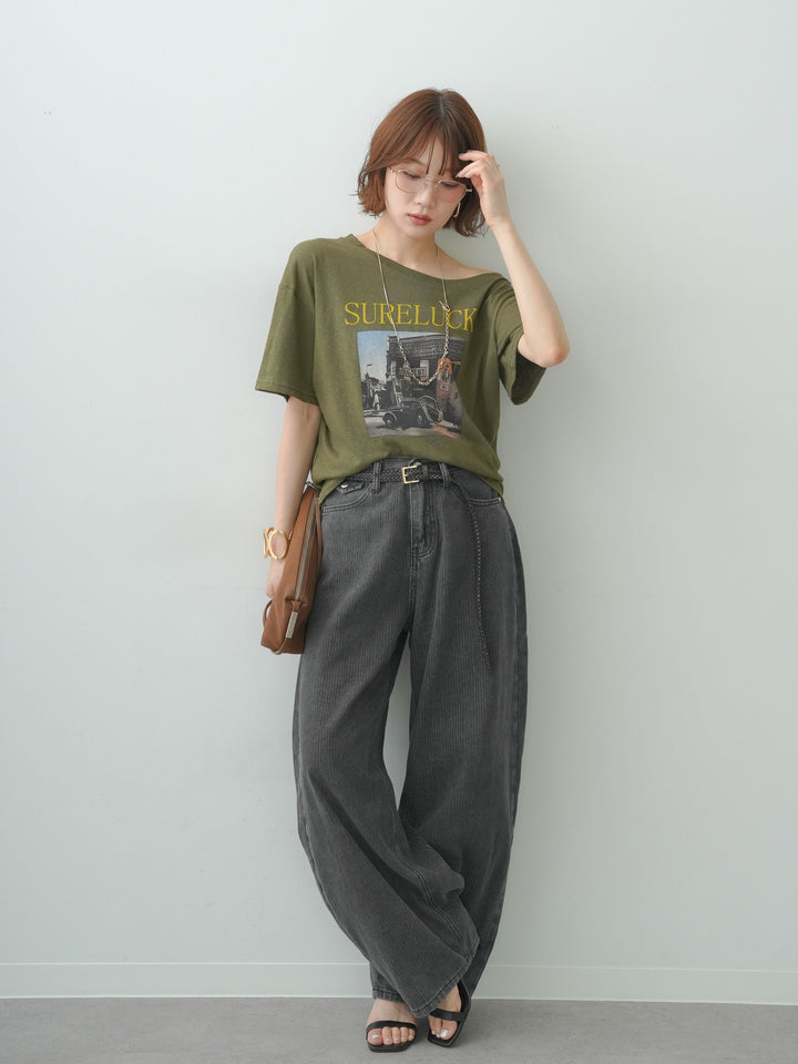 [SET]ワイドネックプリントTEE+ニュアンスウォッシュカーブデニム(2set)
