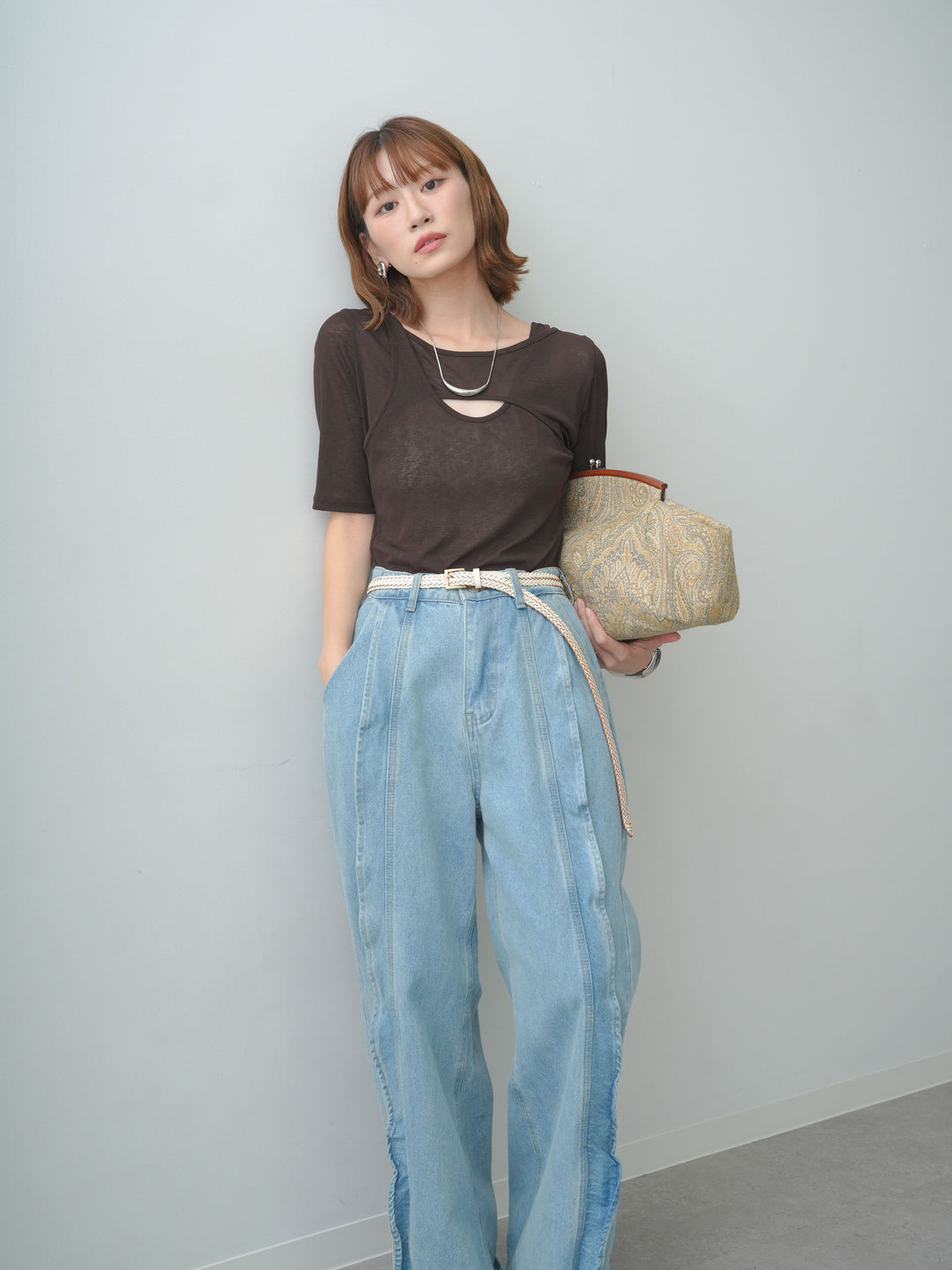 [SET]前後2wayシアーアシメレイヤード風TEE+フリルラインワイドデニム(2set)