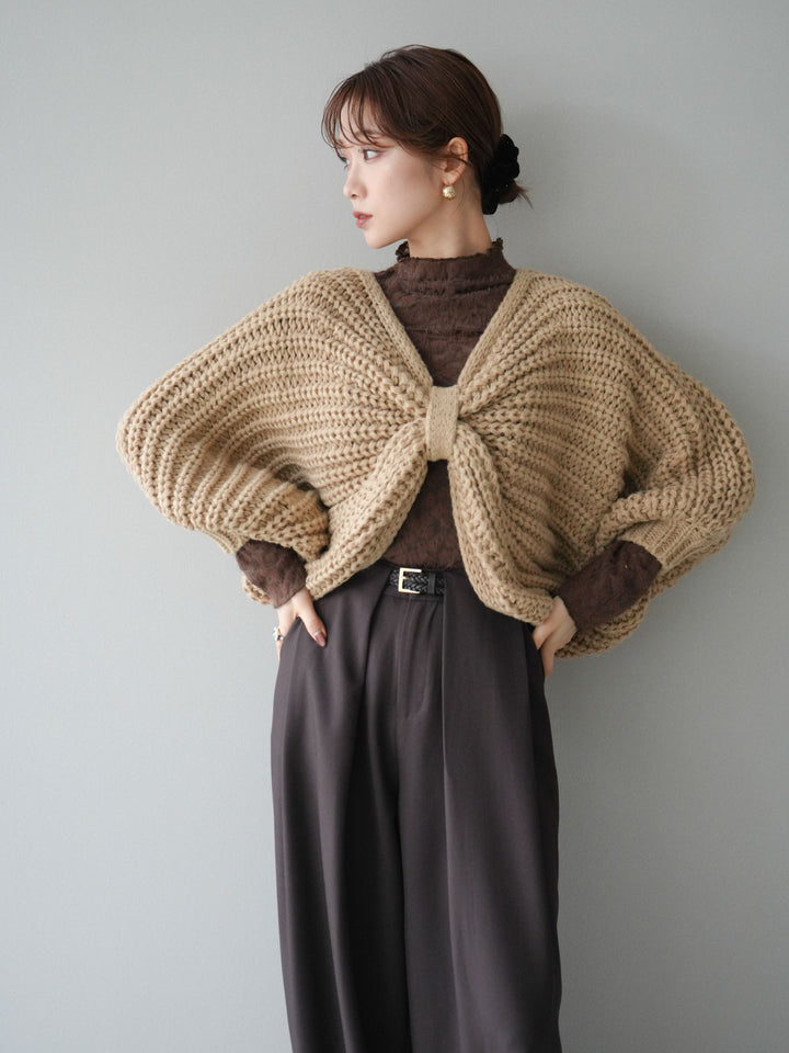 [SET]ローゲージ畦編みドルマンニットボレロ+起毛レースプチネックトップス+ベルトループデザインワイドパンツM(3set)