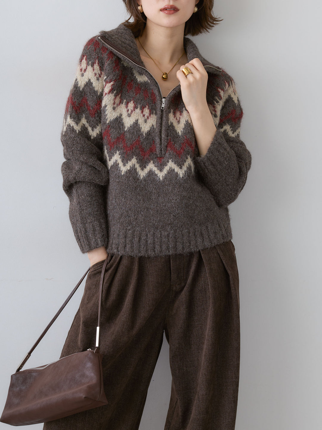 [予約]ノルディックハーフジップニットトップス/brown