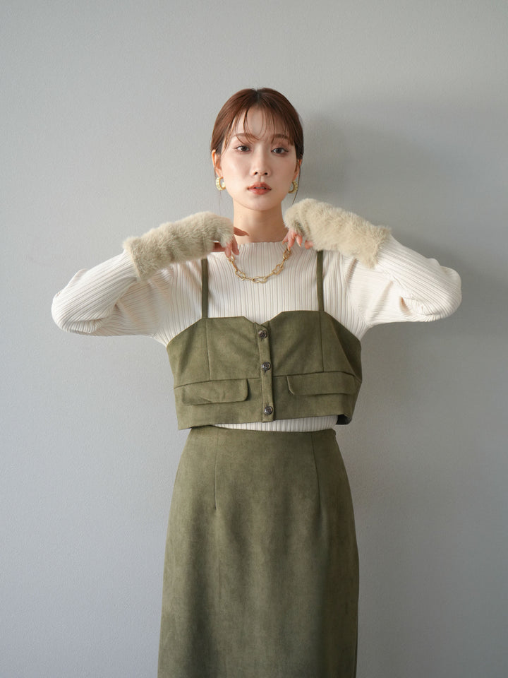 [SET]スウェードビスチェ+アームシャギーランダムリブニットトップス+スウェードIラインスカート(3set)