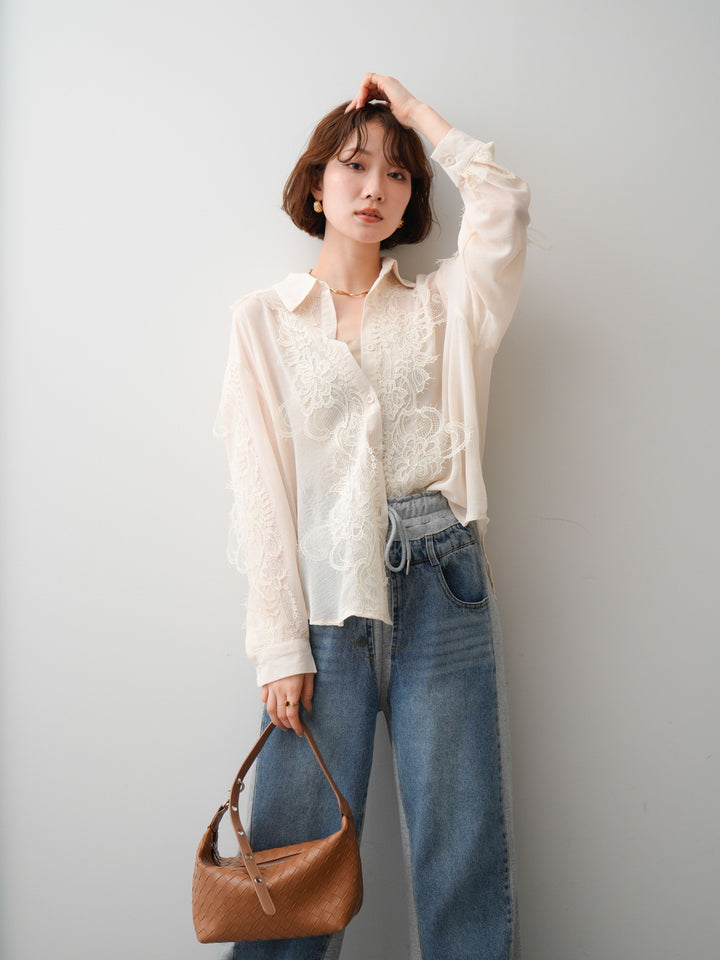 [SET]レースデザインドレープオーバーシャツ+デニム切替スウェットパンツ(2set)