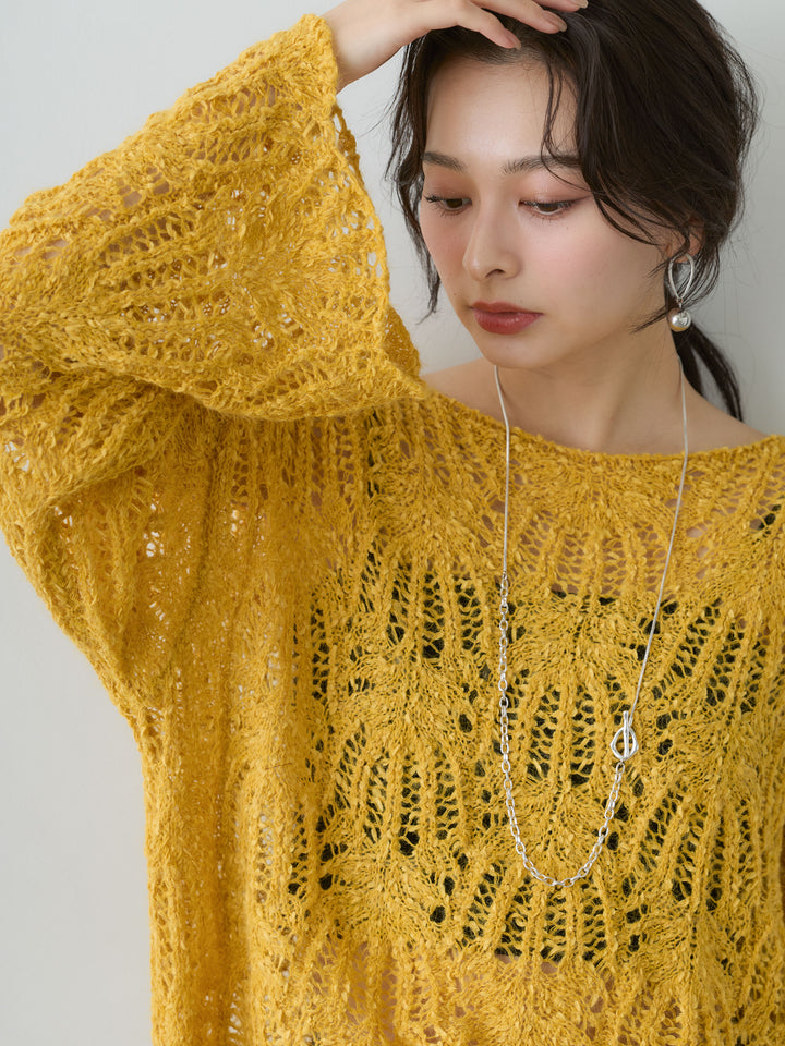 [予約]ミックスループ透かし編みニットトップス/yellow