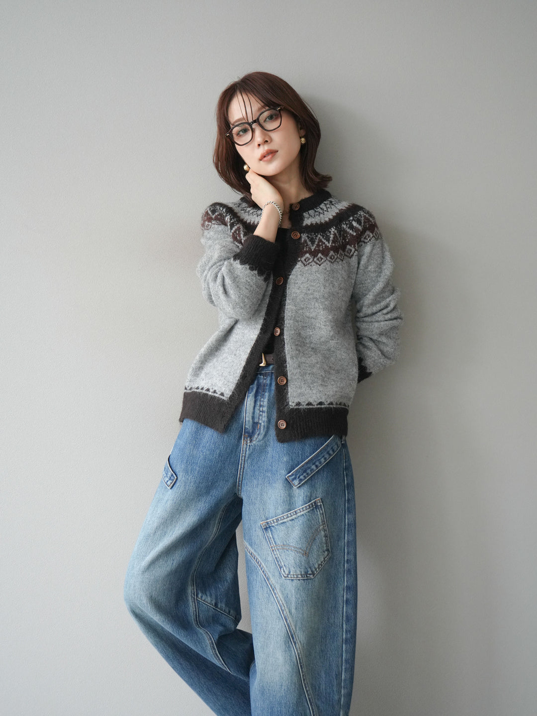 [SET]ノルディック柄ニットカーディガン+ペインターカーブデニムパンツ(2set)