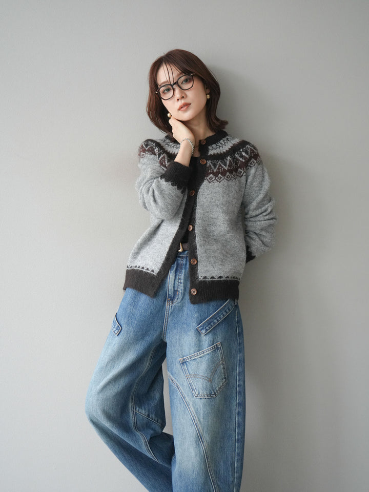 [SET]ノルディック柄ニットカーディガン+ペインターカーブデニムパンツ(2set)