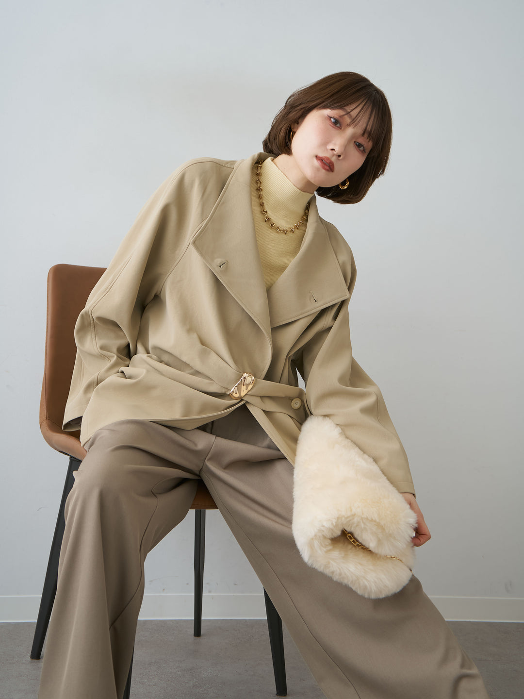 [SET]メタルモチーフレザータッチアシメジャケット+リブモックネックニットトップス(2set)