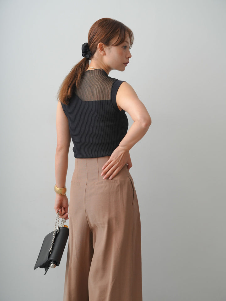 【預購】透視羅紋高領無袖針織上衣 / 黑色