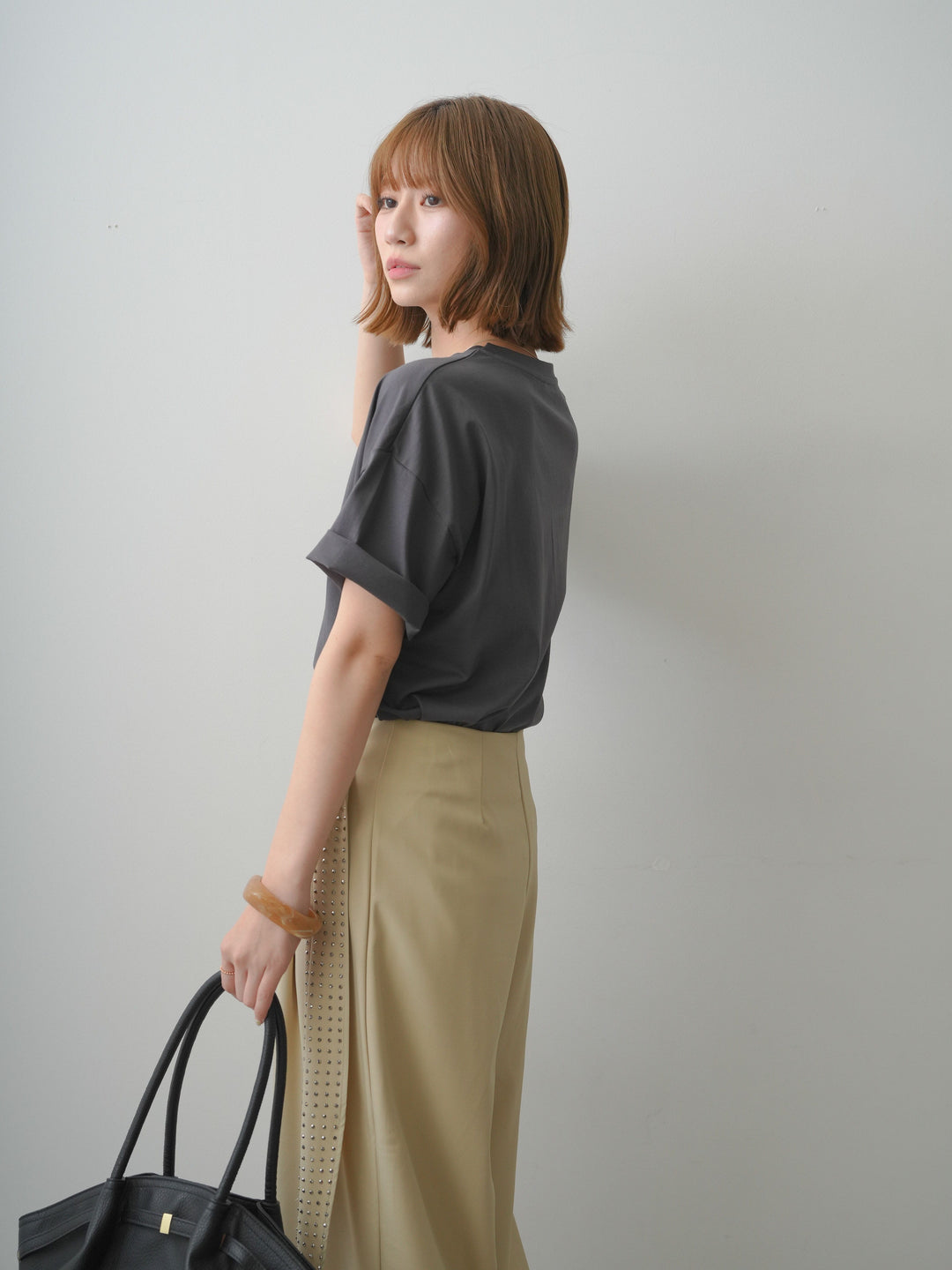 [SET]箔プリントボックスTEE+ビジューベルトタックワイドパンツ(2set)