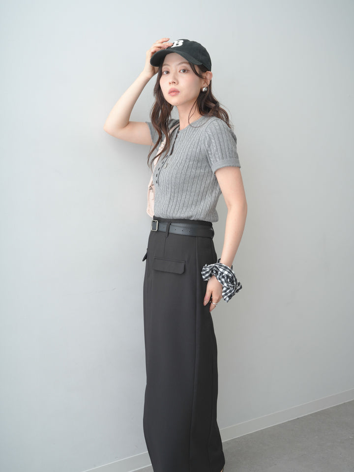 [予約]ヘンリーケーブルハーフニットトップス/gray