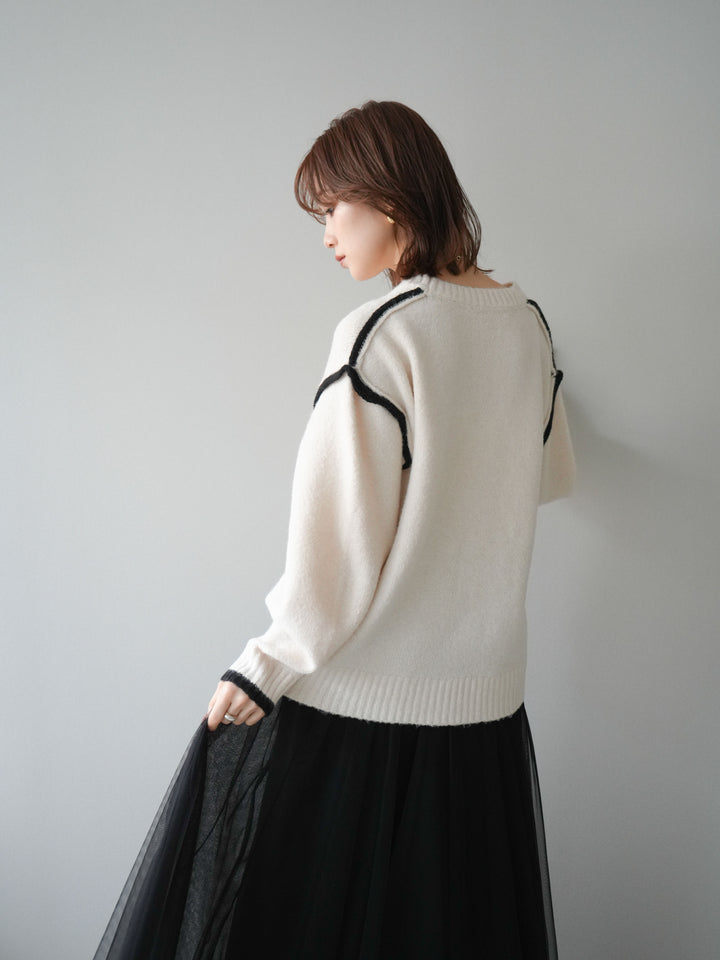 [予約]バイカラーパイピングニットプルオーバー/ivory