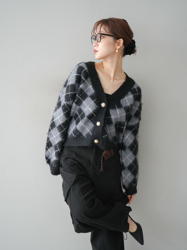 [予約]アーガイルシャギーニットカーディガン/gray