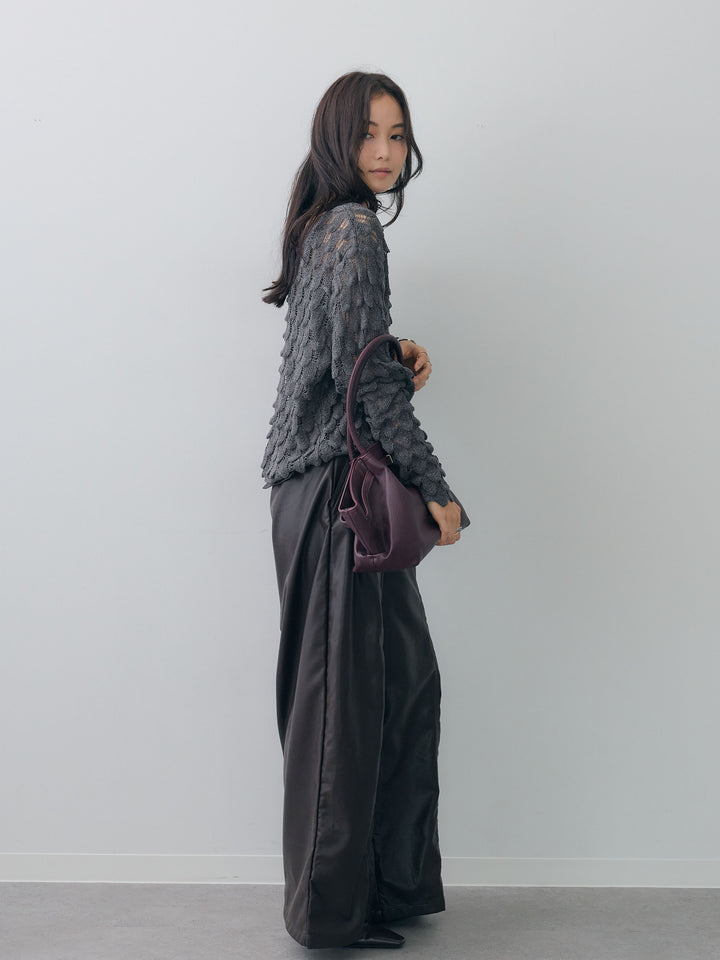 [SET]テクスチャードスカラップニットトップス+フェイクレザーワイドパンツ(2set)