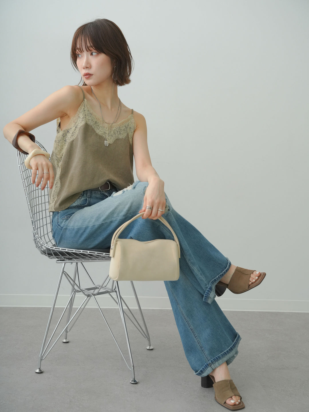 [SET]スウェードタッチレースコンビキャミソール+選べるアクセセット(2set)