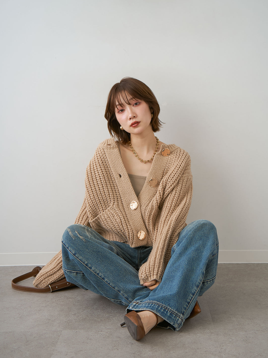 [予約]ビッグゴールドボタンリブニットカーディガン/beige