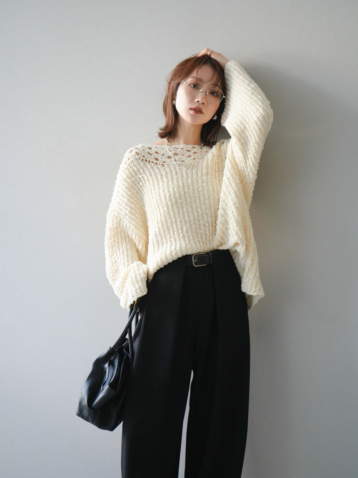 [予約]ボートネック透かし編みニットプルオーバー/white