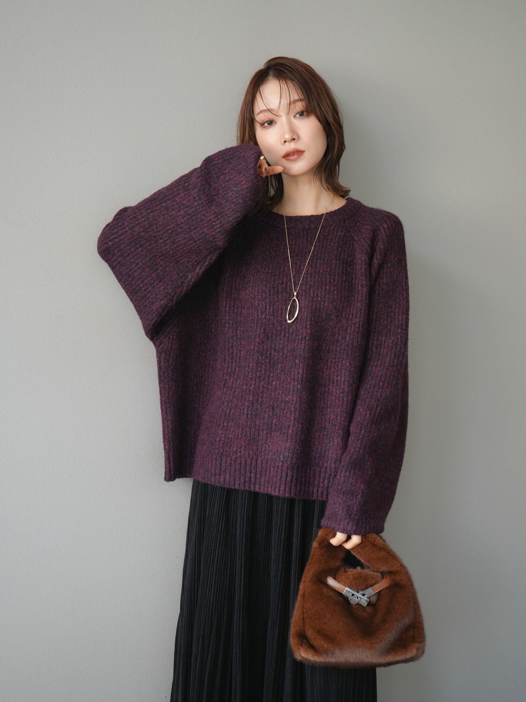 [予約]クルーネック畦編みミックスニット/bordeaux