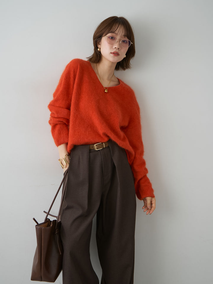 [予約]カシミア混フェザータッチVネックニットトップス/orange
