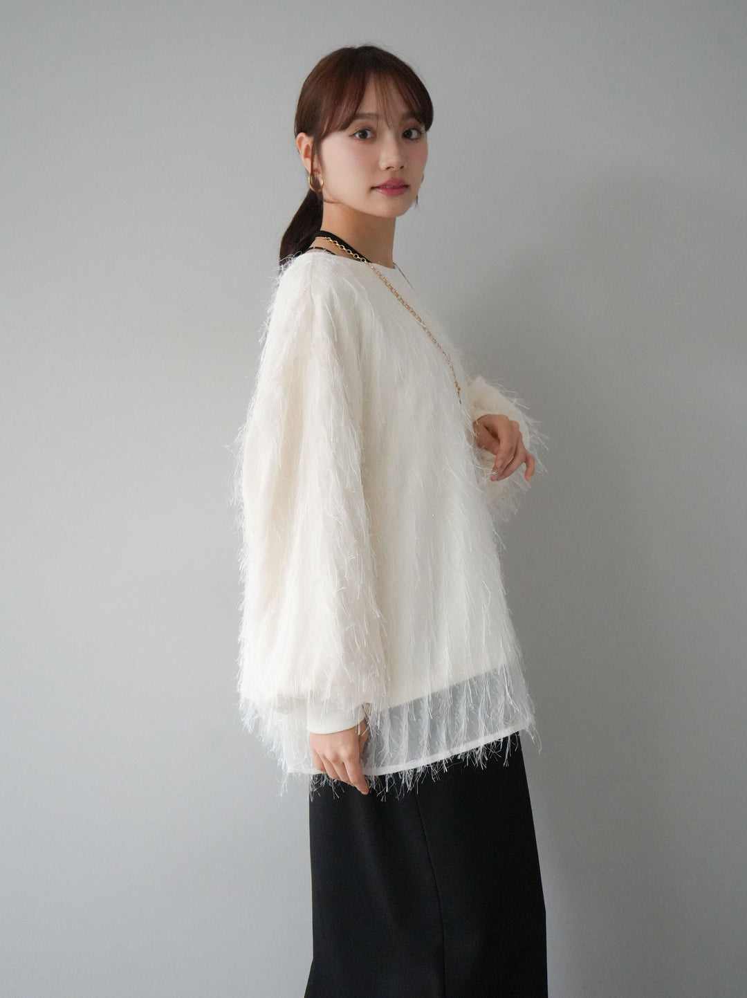 【預購】流蘇薄紗多層抓絨套頭衫/象牙色