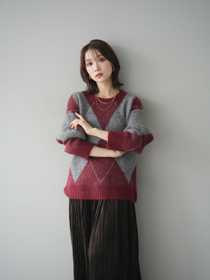 [予約]アーガイルオーバーニットプルオーバー/bordeaux
