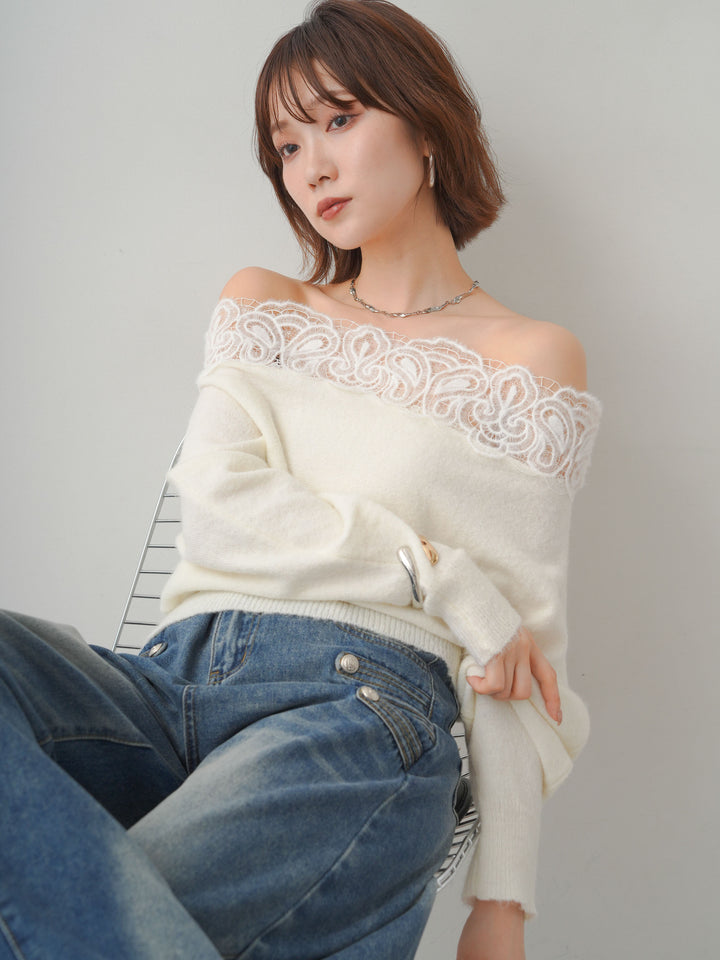 [SET]ショルダーレースオフショルニットトップス+ナポレオンカーブデニム(2set)