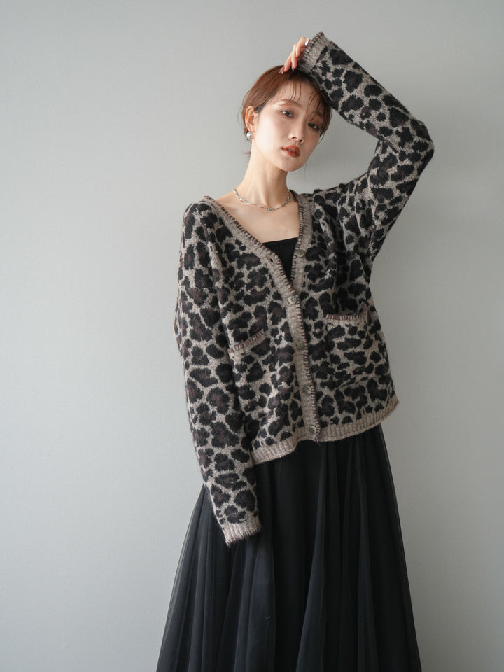 [予約]アニマル柄ステッチニットカーディガン/brown