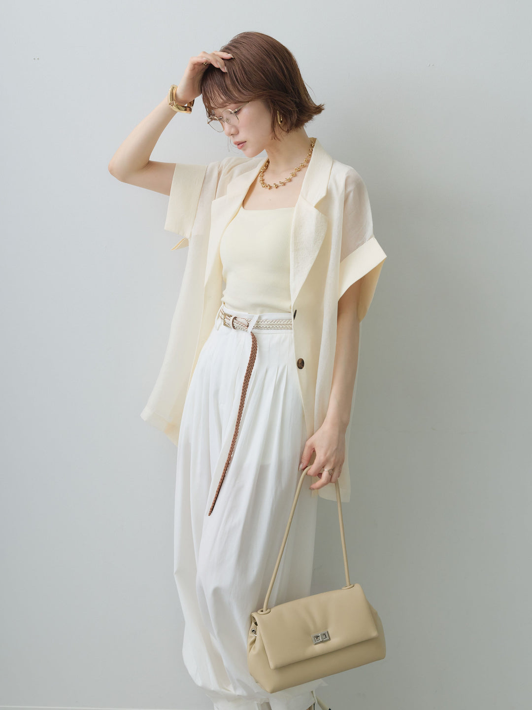 【套裝】透視超大短袖外套+袖口收口繭型褲（兩件套）