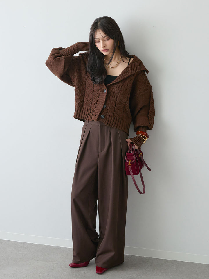 [SET]ケーブルショートニットカーディガン+ツイルタックワイドパンツ(2set)