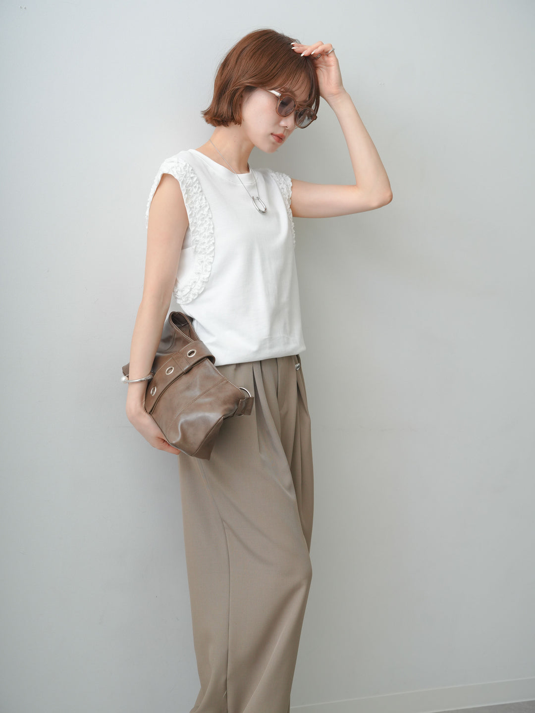 [SET]ホイップフリルフレンチTEE+ベルト付キーホルダーモチーフワイドパンツ(2set)